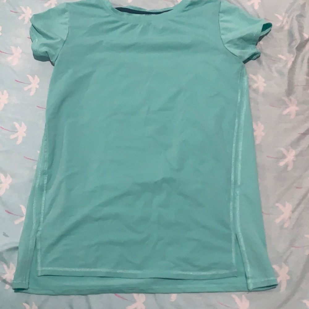 cute, soft, athletic, green/teal shirt